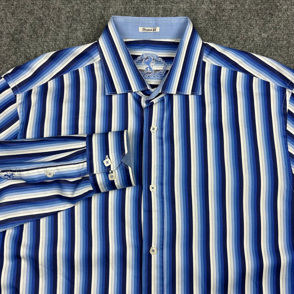 Bugatchi Button Down Shirt Mens XXL Blue Striped Shaped Fit Cotton Long Sleeve
